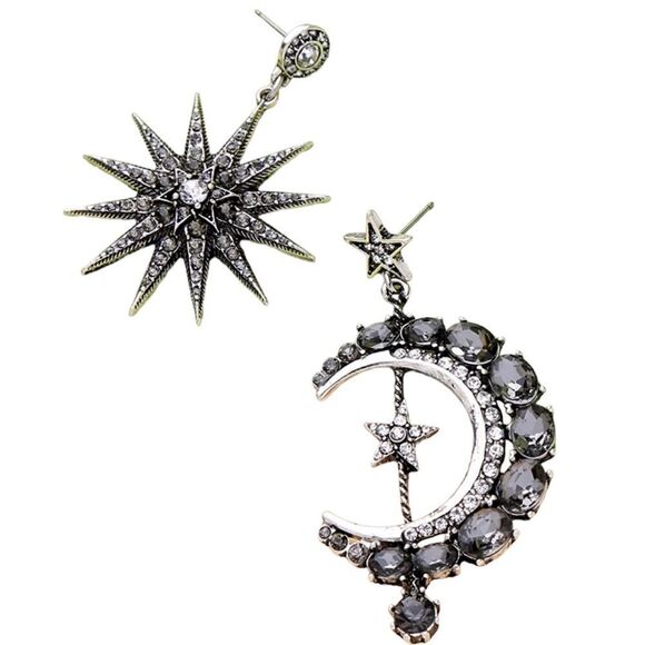 Star Crescent Moon Mismatched Silver Tone Smoky Crystal Dangle Earrings NWT - Picture 7 of 12